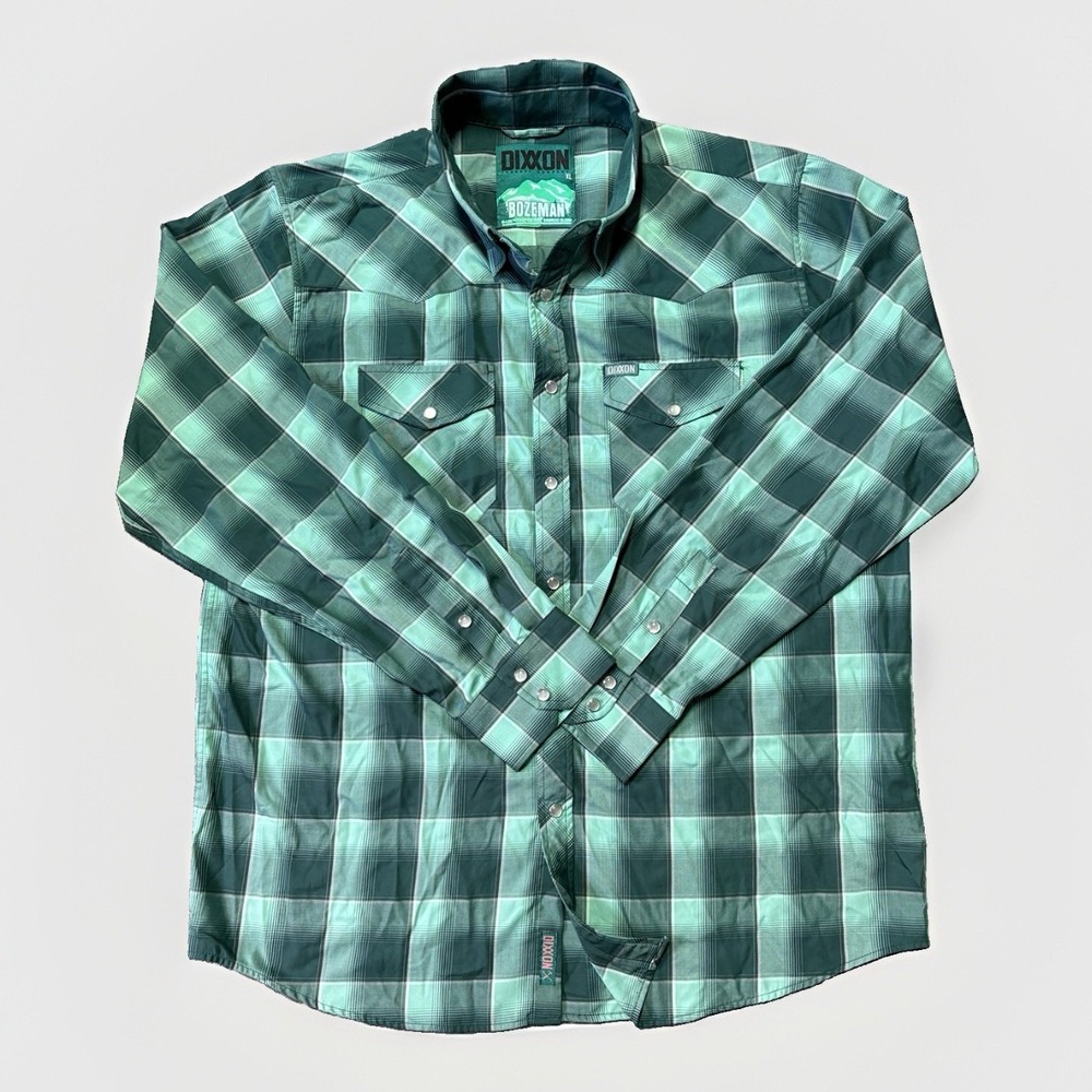 DIXXON The Bozeman Bamboo Blend Flannel Pearl Snap Shirt Mens XL Green Plaid